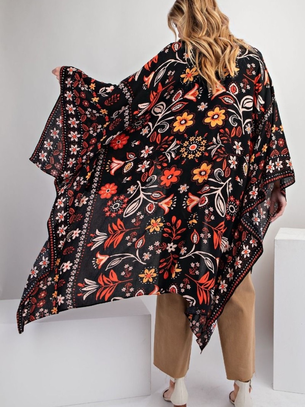 NWT EASEL Bohemian Black Floral Kimono S M L